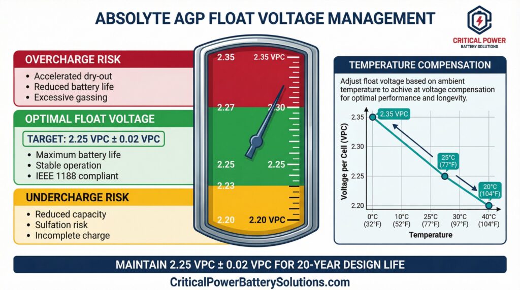 Absolyte AGP Float Voltage Management Diagram - Optimal float voltage target of 2.25 VPC ± 0.02 VPC with color-coded zones showing overcharge risk above 2.27 VPC, undercharge risk below 2.23 VPC, and temperature compensation curve for IEEE 1188 compliant VRLA battery maintenance