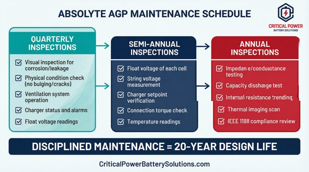 Absolyte AGP Maintenance Schedule Timeline - Comprehensive quarterly, semi-annual, and annual inspection checklist for VRLA AGM batteries showing visual inspections, float voltage measurements, torque checks, impedance testing, capacity discharge tests, and IEEE 1188 compliance review for 20-year design life achievement