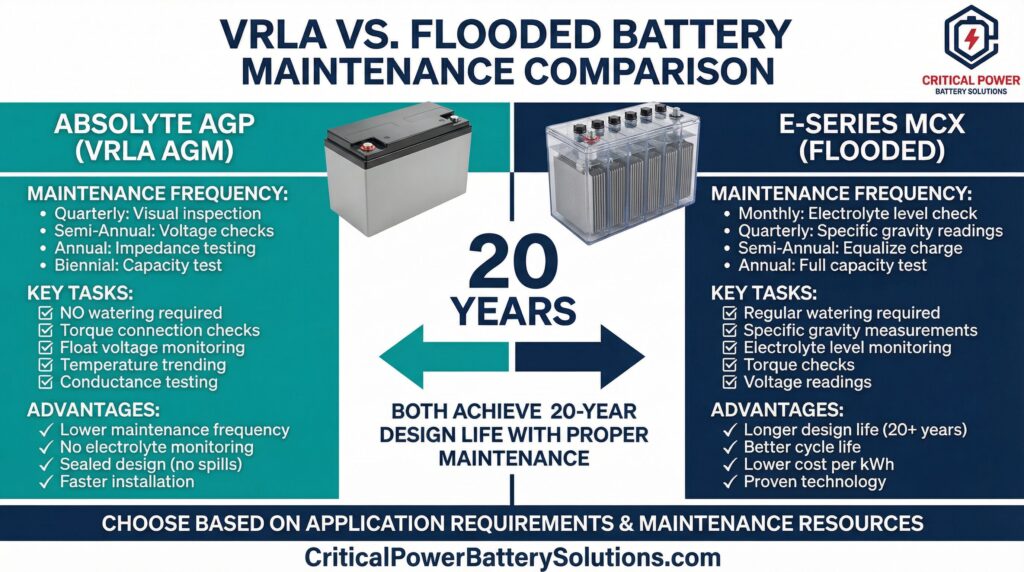 VRLA vs Flooded Battery Maintenance Comparison - Side-by-side comparison of Absolyte AGP VRLA AGM (sealed, no watering, lower maintenance frequency) versus E-Series MCX flooded batteries (regular watering, specific gravity monitoring, higher maintenance frequency) showing both achieve 20-year design life with proper maintenance programs