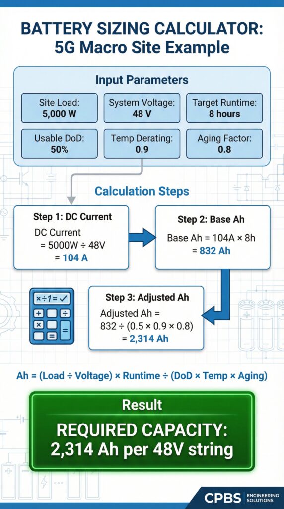 Application-specific battery recommendations table comparing macro cell tower, small cell, DAS, and central office requirements with load, runtime, and product specifications