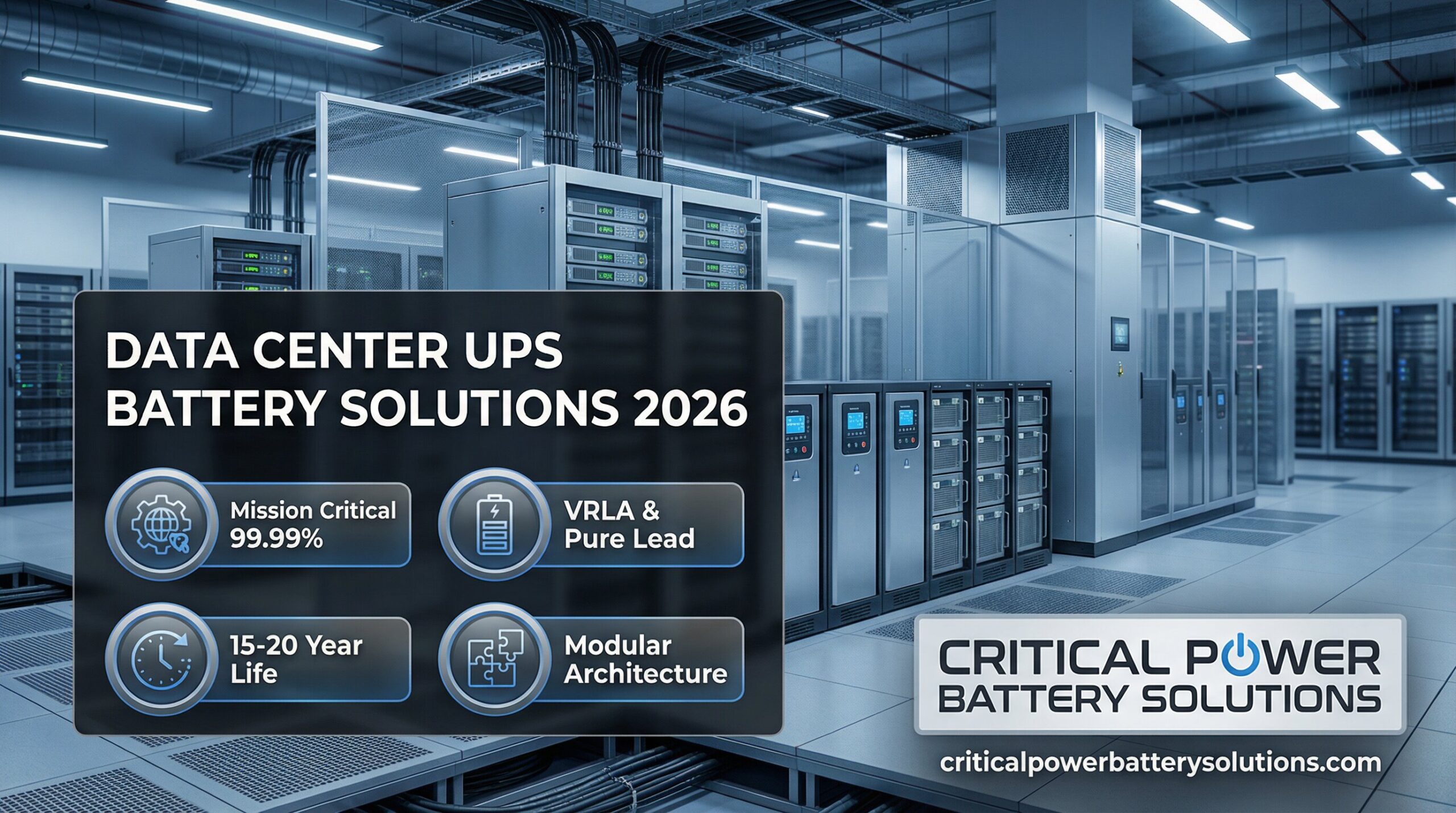 Data center UPS battery solutions 2026 featuring modern battery room with mission-critical 99.99% uptime, VRLA and pure lead technologies, 15-20 year design life, modular architecture