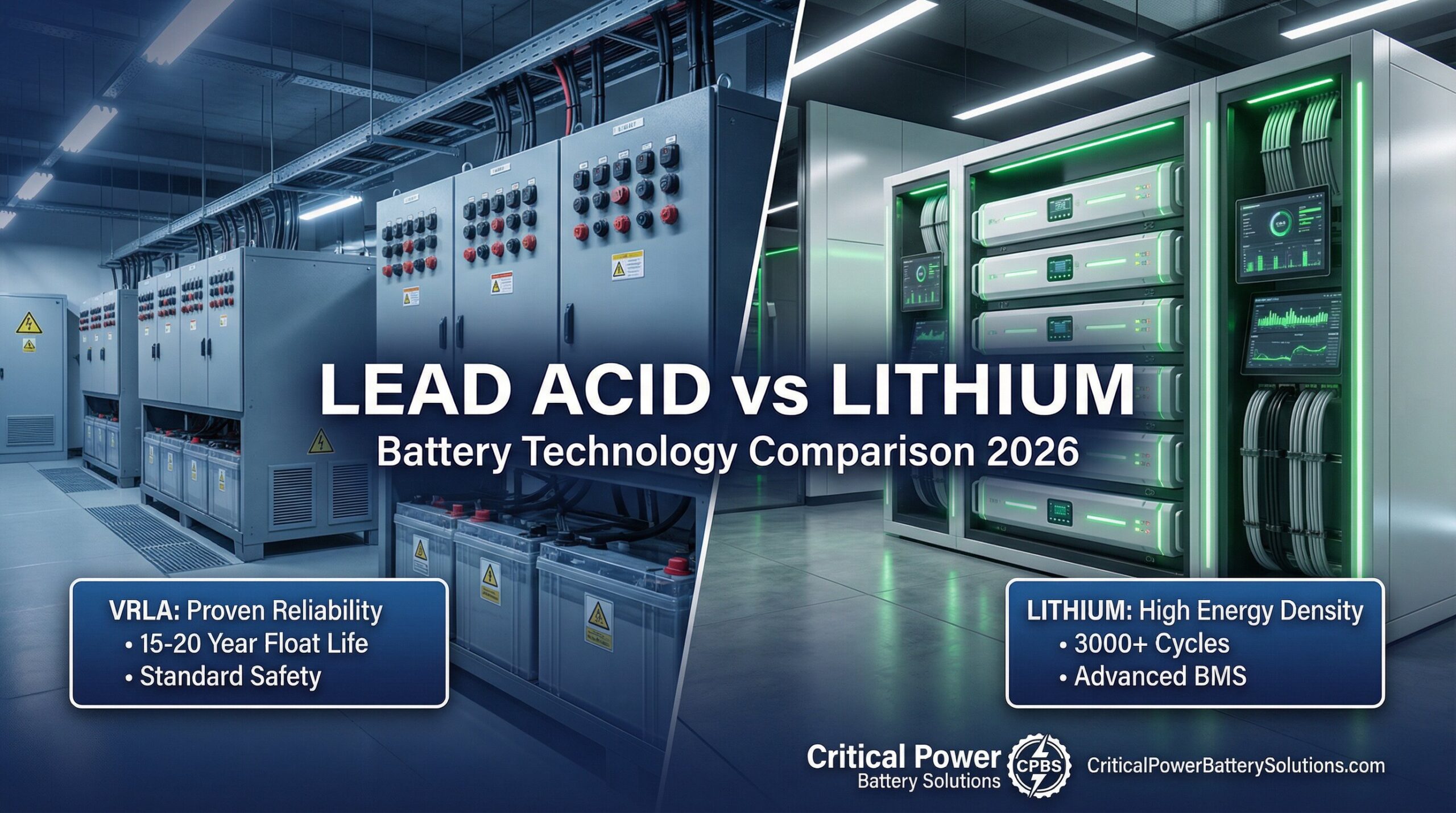 Lead acid vs lithium battery comparison 2026 showing VRLA battery room and lithium-ion installation side by side with key differentiators