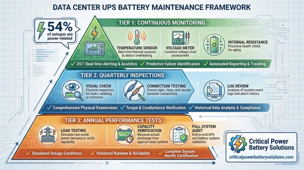 Data center UPS battery maintenance framework - three-tier approach: Tier 1 continuous monitoring (temperature, voltage, internal resistance), Tier 2 quarterly inspections (visual, connections, logs), Tier 3 annual performance tests (load testing, capacity verification, full system audit) stryten Energy Absolyte AGP Supplier. 