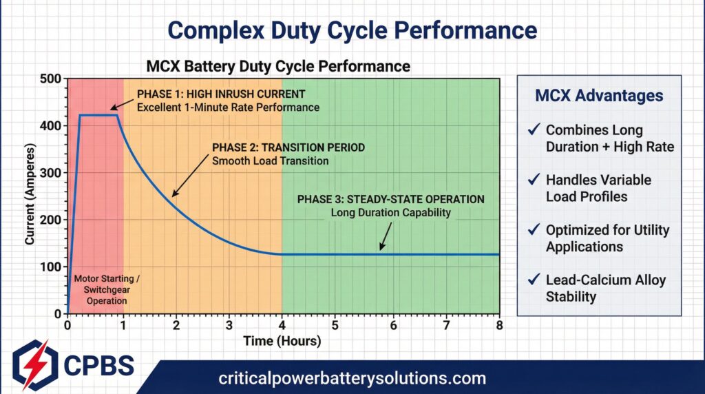 MCX Complex Duty Cycle Performance: Three-phase discharge profile showing Phase 1 high inrush current (400+ amperes for motor starting), Phase 2 transition period with smooth load decline, and Phase 3 steady-state operation (100-150A) demonstrating excellent 1-minute rate and long duration capability