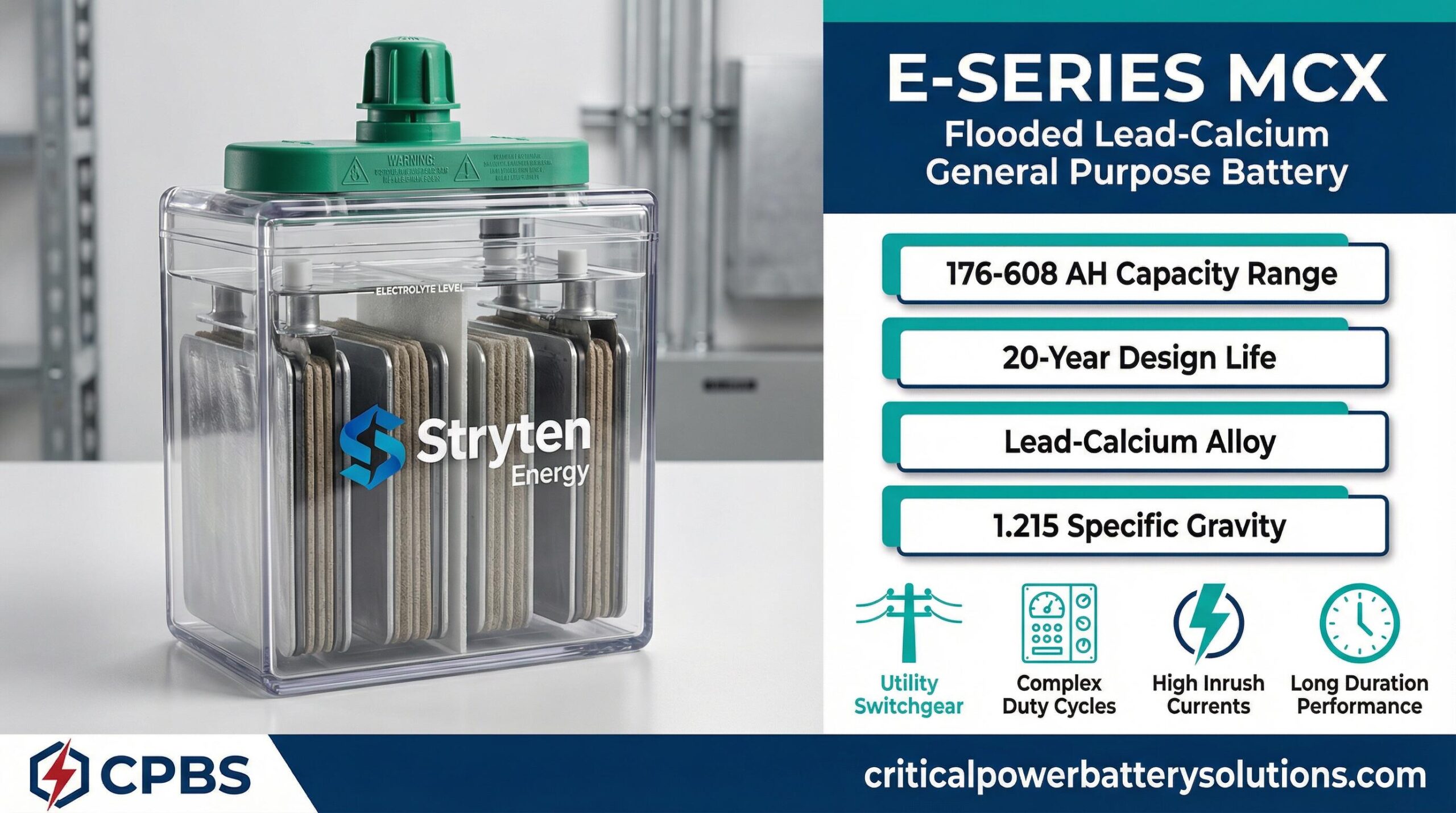 Stryten E-Series MCX Flooded Lead-Calcium Battery: 176-608 AH capacity range, 20-year design life, transparent SAN jar with visible plates, green Pre-Vent flame arrester cap, optimized for utility switchgear and complex duty cycles with high inrush current capability