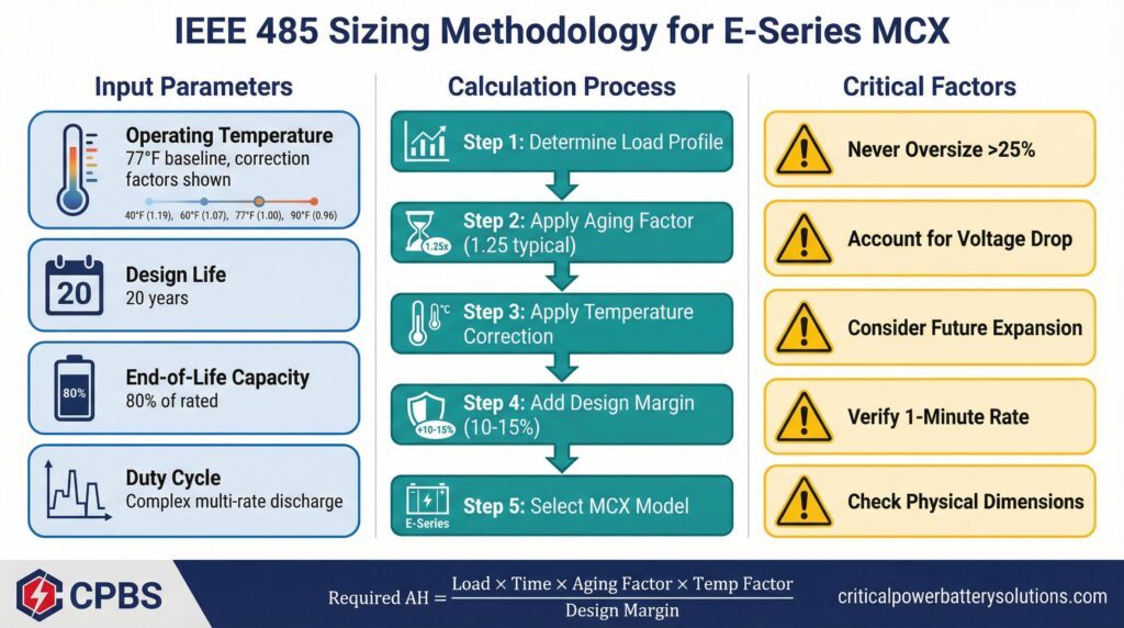 IEEE 485 Battery Sizing Methodology for E-Series MCX: Five-step calculation process including operating temperature correction, design life (20 years), end-of-life capacity (80%), aging factor (1.25), temperature correction, and design margin (10-15%) with critical factors and sizing formula