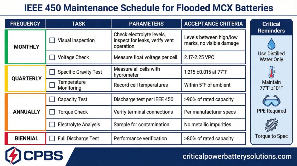 IEEE 450 Maintenance Schedule for Flooded MCX Batteries: Monthly visual inspection and voltage check (2.17-2.25 VPC), quarterly specific gravity test (1.215 ±0.015 at 77°F) and temperature monitoring, annual capacity test and torque check, biennial full discharge test - Critical reminders for distilled water, temperature control, PPE, and torque specifications 