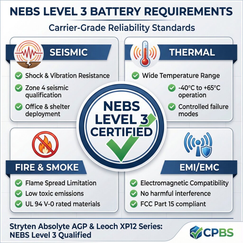 NEBS Level 3 battery requirements infographic showing seismic, thermal, fire/smoke, and EMI/EMC compliance standards for carrier-grade telecom systems