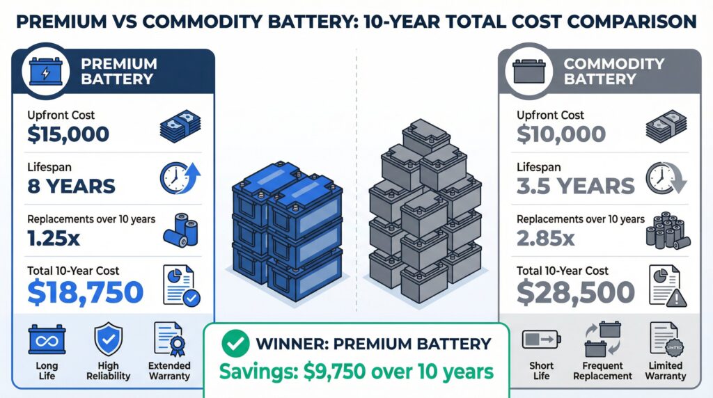 Premium vs Commodity UPS Battery 10-year total cost comparison showing premium battery $18,750 vs commodity $28,500 with $9,750 savings