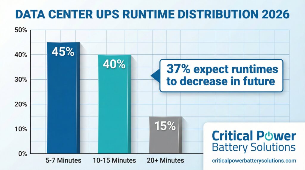 Data center UPS runtime distribution 2026 showing 45% use 5-7 minutes, 40% use 10-15 minutes, 15% use 20+ minutes, with 37% expecting runtimes to decrease Stryten Energy Batteries. 