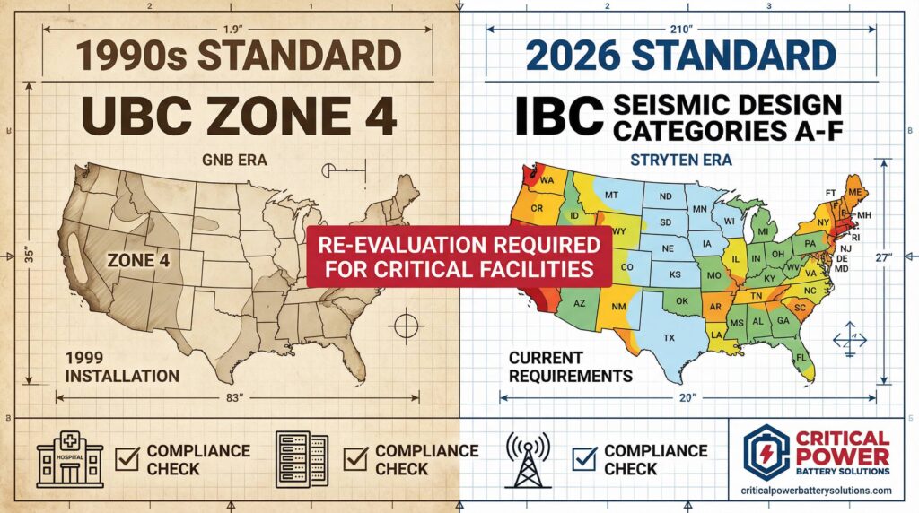Seismic compliance code evolution comparison: 1990s UBC Zone 4 standard (GNB era) versus 2026 IBC Seismic Design Categories A-F (Stryten era) with re-evaluation requirements for critical facilities including hospitals, data centers, and telecom sites