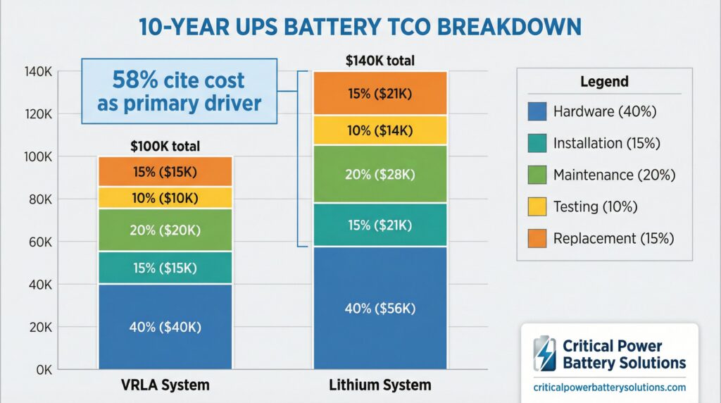 10-year UPS battery TCO breakdown comparing VRLA system ($100K total) vs Lithium system ($140K total) - hardware 40%, installation 15%, maintenance 20%, testing 10%, replacement 15% Stryten Energy Batteries. 