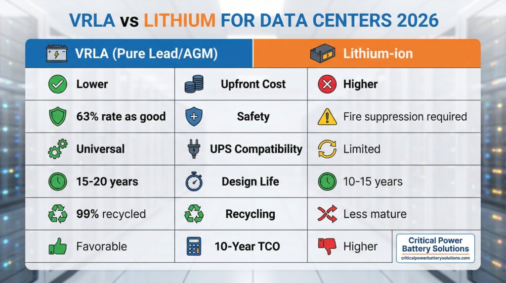 VRLA vs Lithium battery technology comparison for data centers 2026 - upfront cost, safety (63% rate VRLA as good), UPS compatibility, design life (15-20 years), recycling (99%), TCO analysis Stryten Energy Battery Reseller. 