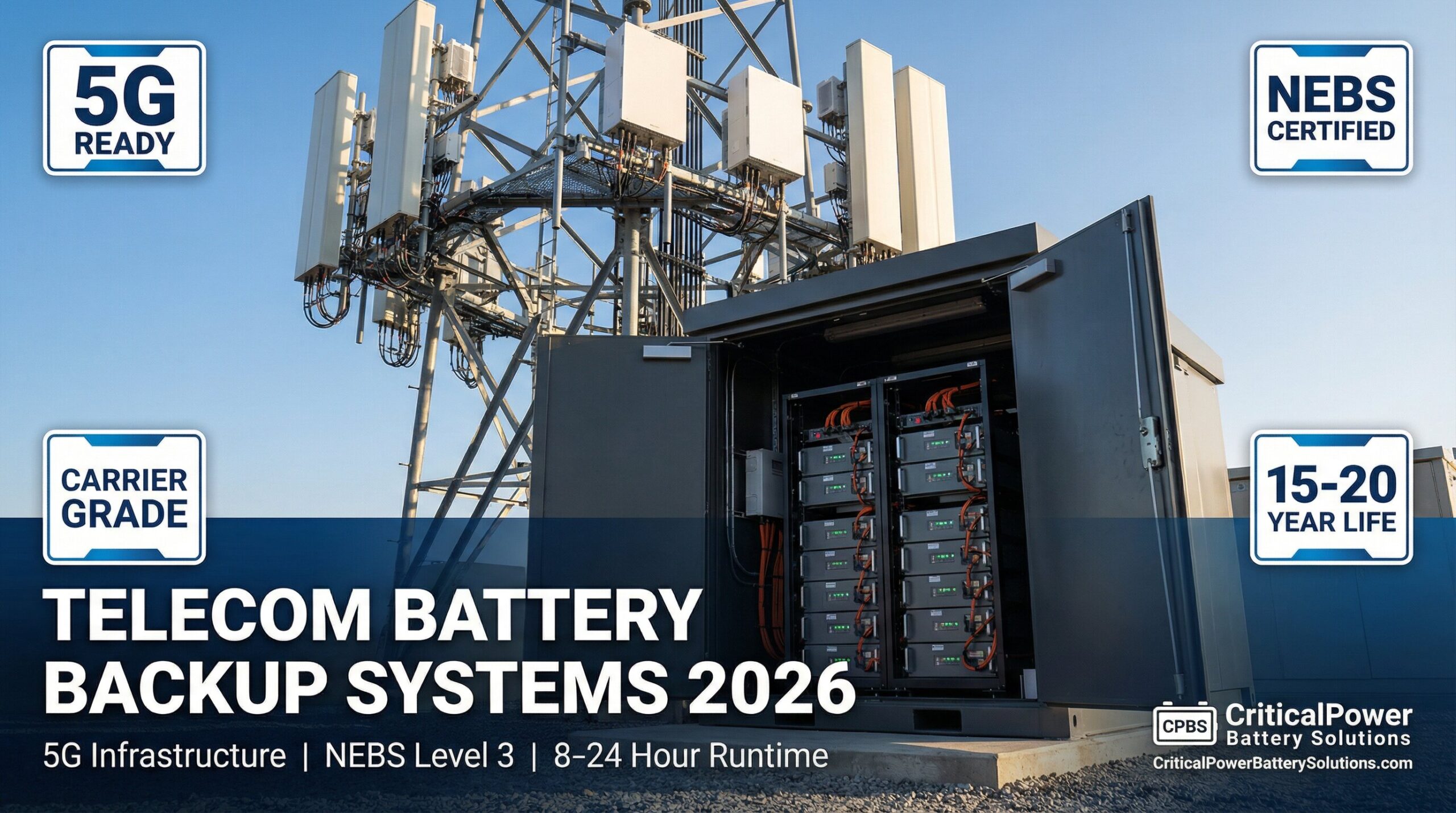 5G cell tower with telecom battery backup system cabinet showing NEBS Level 3 certified batteries for carrier-grade reliability