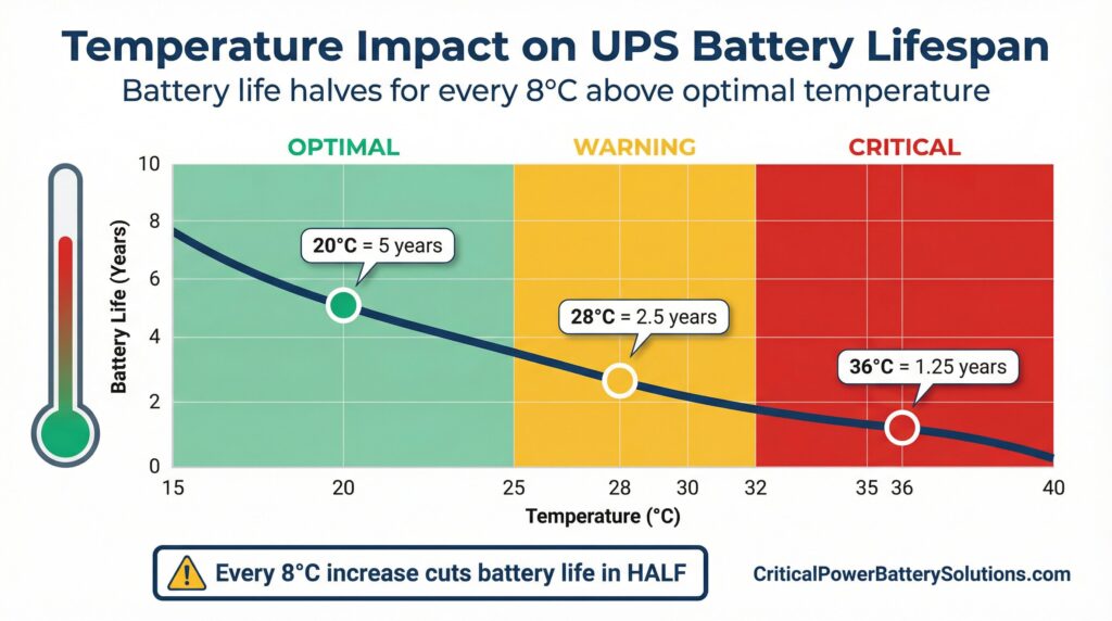 Temperature impact on UPS battery lifespan chart showing 20°C = 5 years, 28°C = 2.5 years, 36°C = 1.25 years with optimal, warning and critical zones