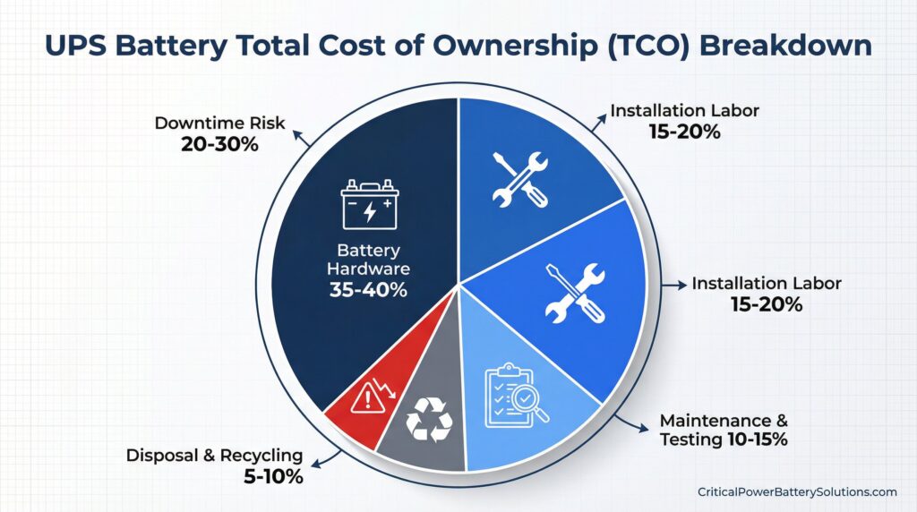 UPS Battery Total Cost of Ownership TCO Breakdown showing hardware 35-40%, labor 15-20%, maintenance 10-15%, disposal 5-10%, and downtime risk 20-30%