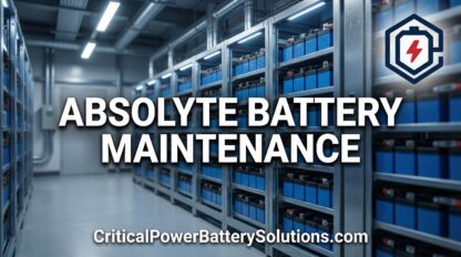 Industrial Absolyte battery bank in pristine data center undergoing maintenance inspection with LED lighting