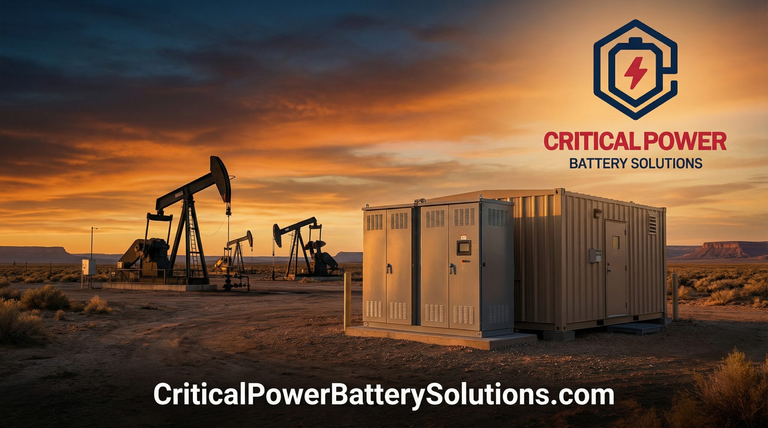Remote oil and gas battery replacement site in Permian Basin at sunset with industrial battery enclosure and pump jacks near wellsite control building