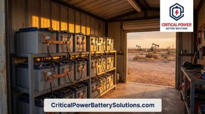 Stryten Absolyte AGP industrial battery bank installed in remote oil and gas pipeline monitoring shelter with pump jacks visible in background environment