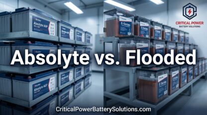 A split-view image comparing a modern Stryten Absolyte AGP VRLA battery installation with a traditional Stryten Flooded E-Series battery room in a utility substation.