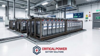 Stryten E-Series NXT flooded lead-acid battery bank with transparent jars, visible lead plates, organized cable management in modern critical power facility