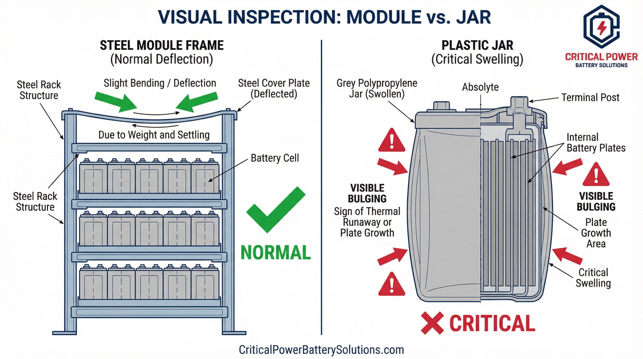 Visual inspection diagram showing the distinction between Absolyte battery steel module frame and plastic jar components