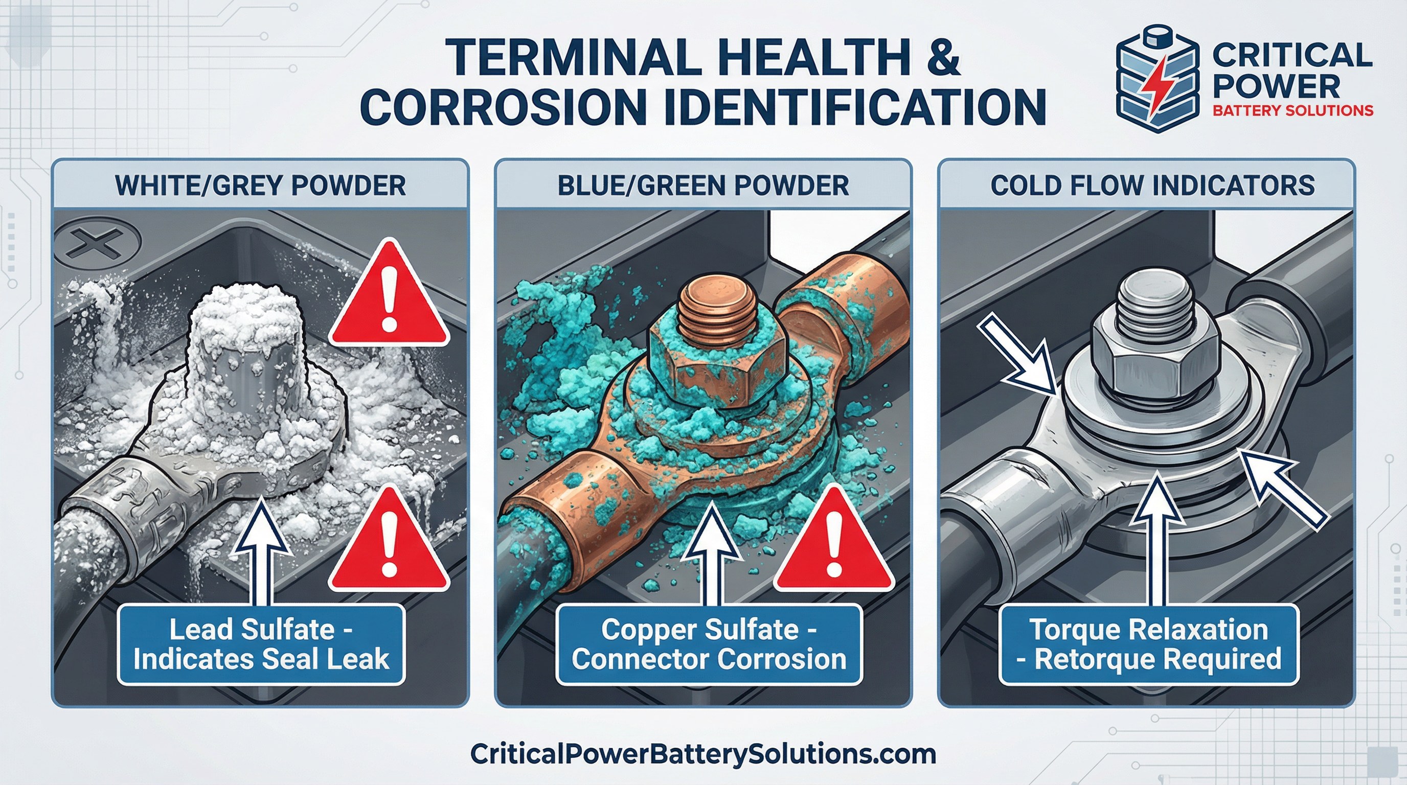 Battery terminal corrosion identification guide showing white grey powder lead sulfate, blue green powder copper sulfate, and cold flow indicators