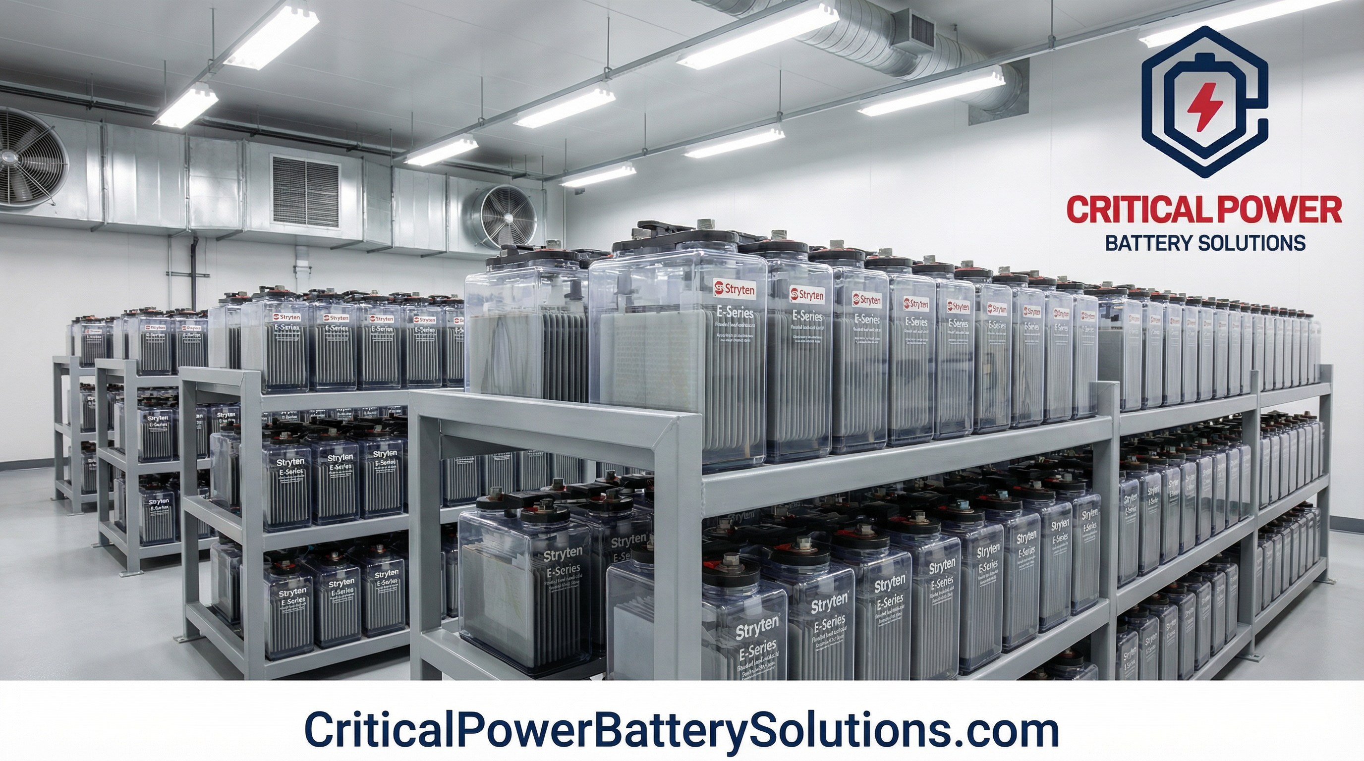 Stryten E-Series Flooded Lead-Acid Batteries on Tiered Step Racks Stryten E-Series flooded lead-acid batteries in transparent SAN jars on tiered step racks in a substation battery room