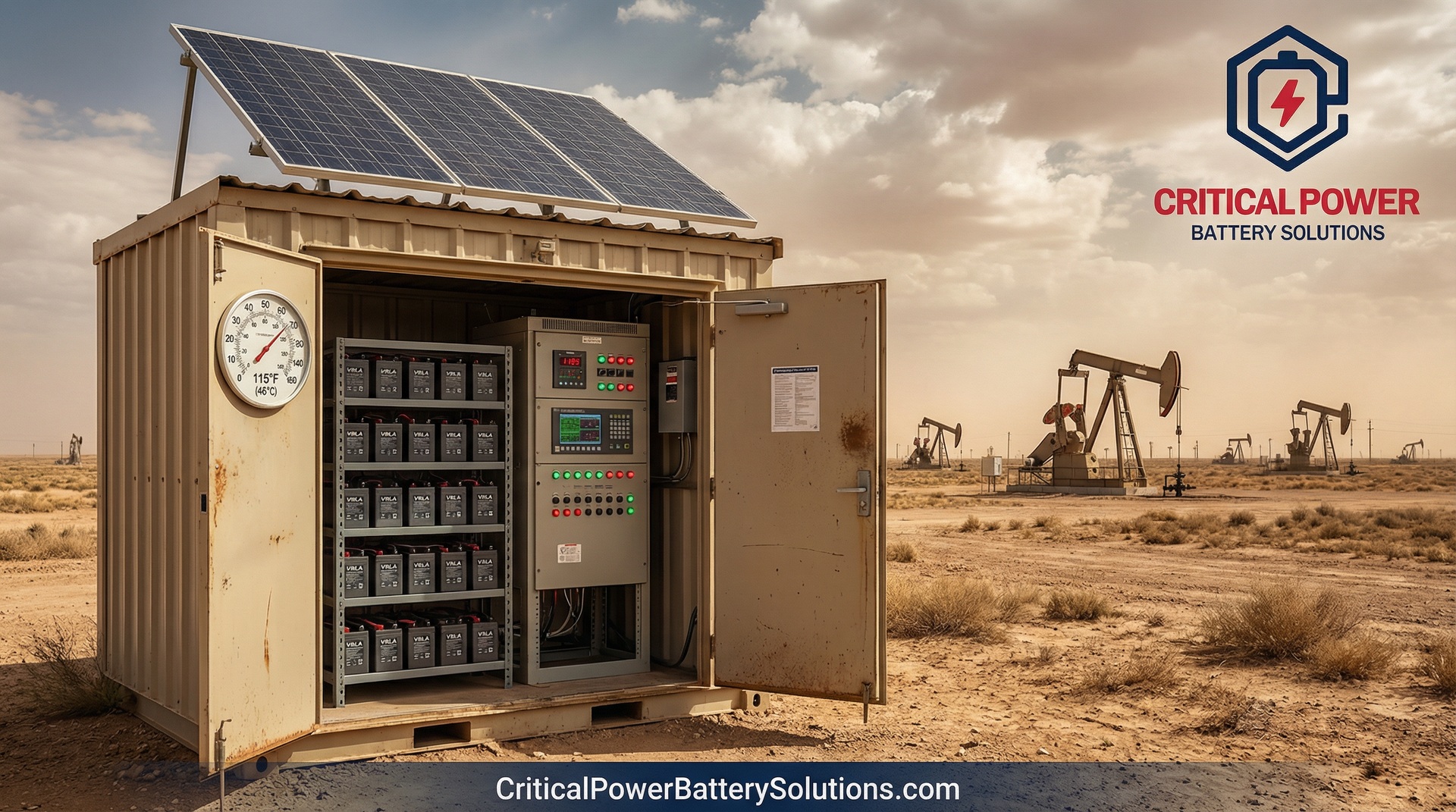 Remote SCADA site powered by solar panels and battery backup in an oil and gas field.