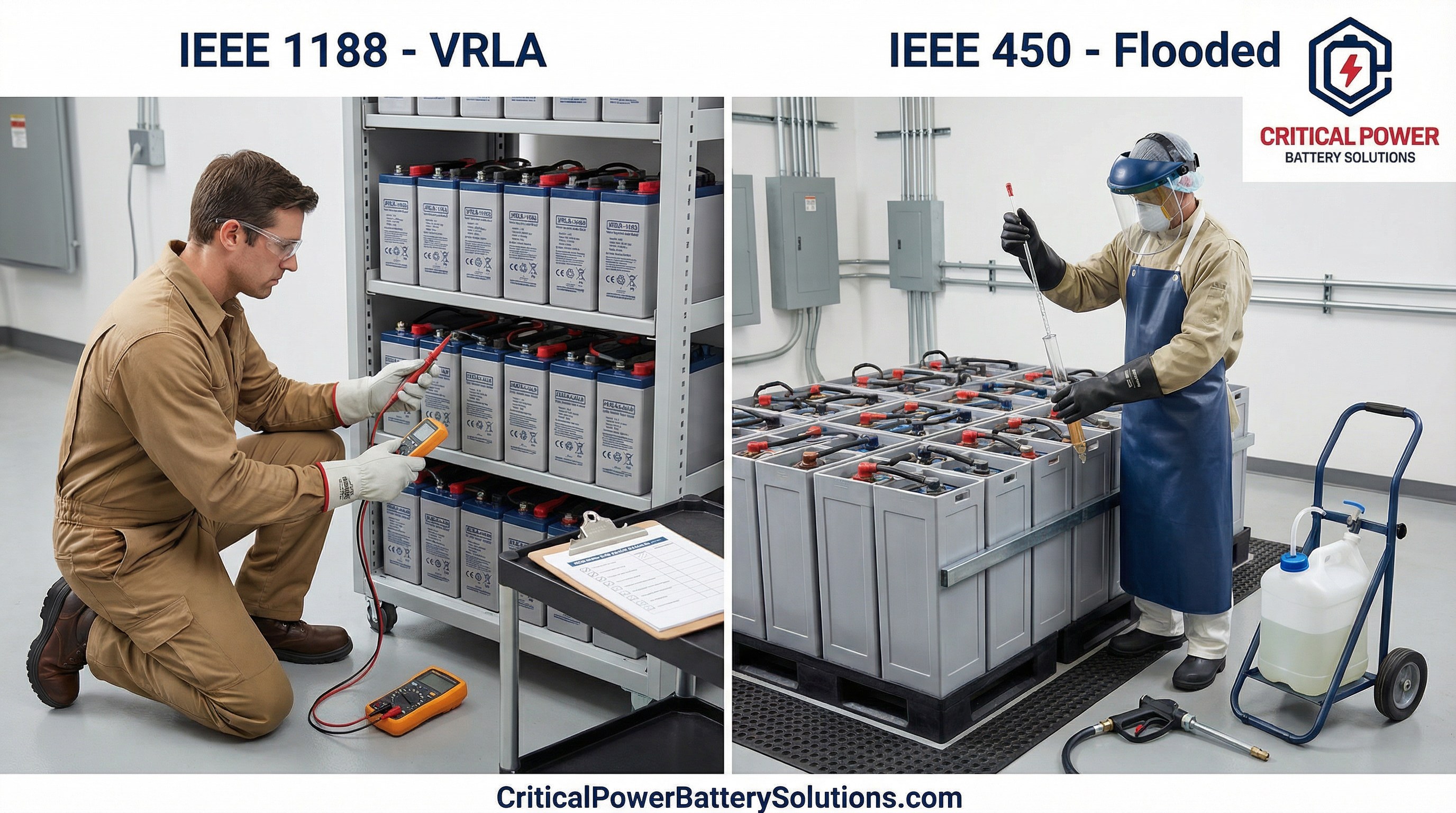 IEEE 1188 vs IEEE 450 Battery Maintenance Comparison Side-by-side comparison of IEEE 1188 VRLA battery maintenance versus IEEE 450 flooded battery maintenance procedures