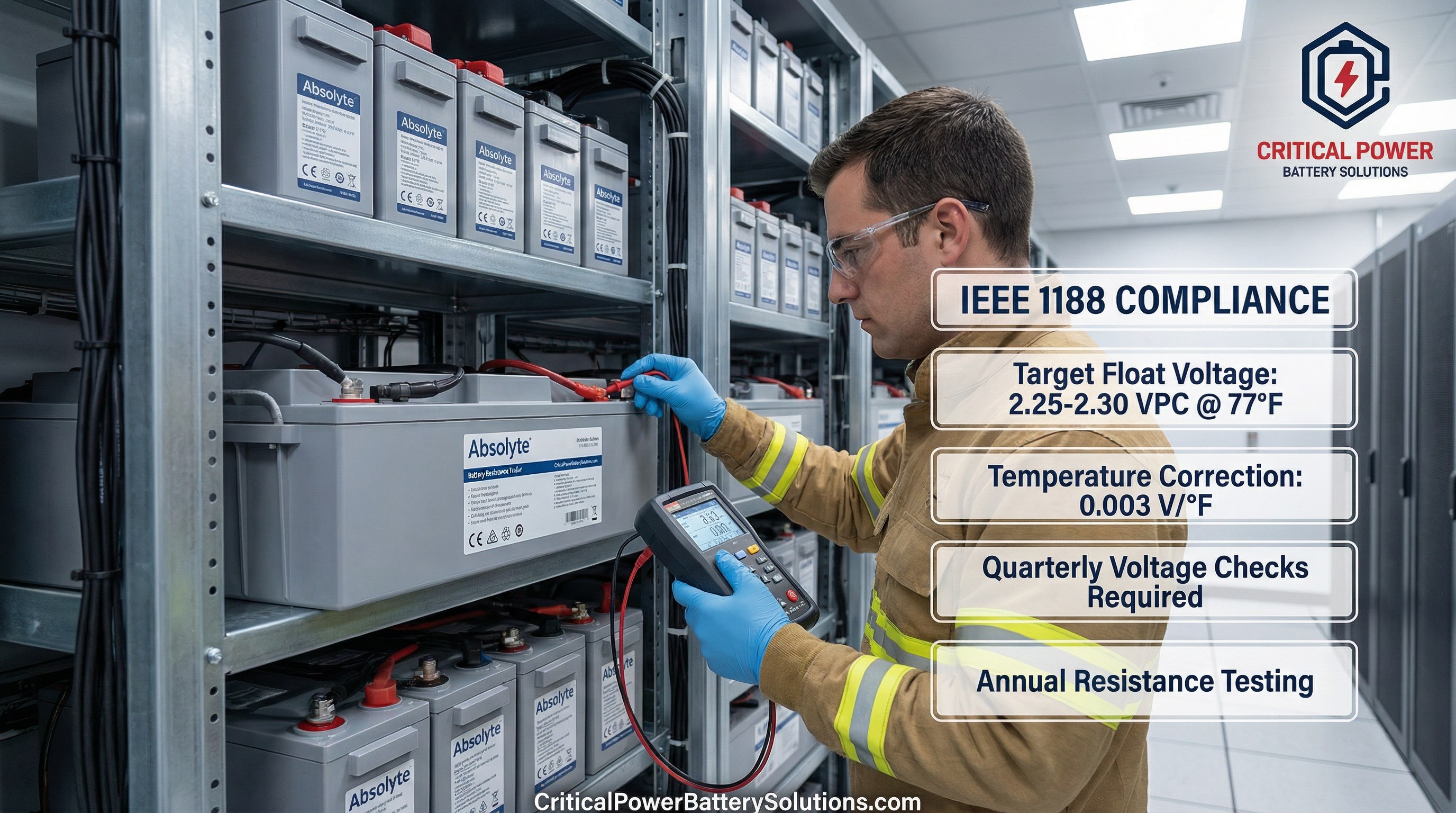 IEEE 1188 compliance battery testing showing technician performing voltage and resistance measurements on Absolyte battery modules