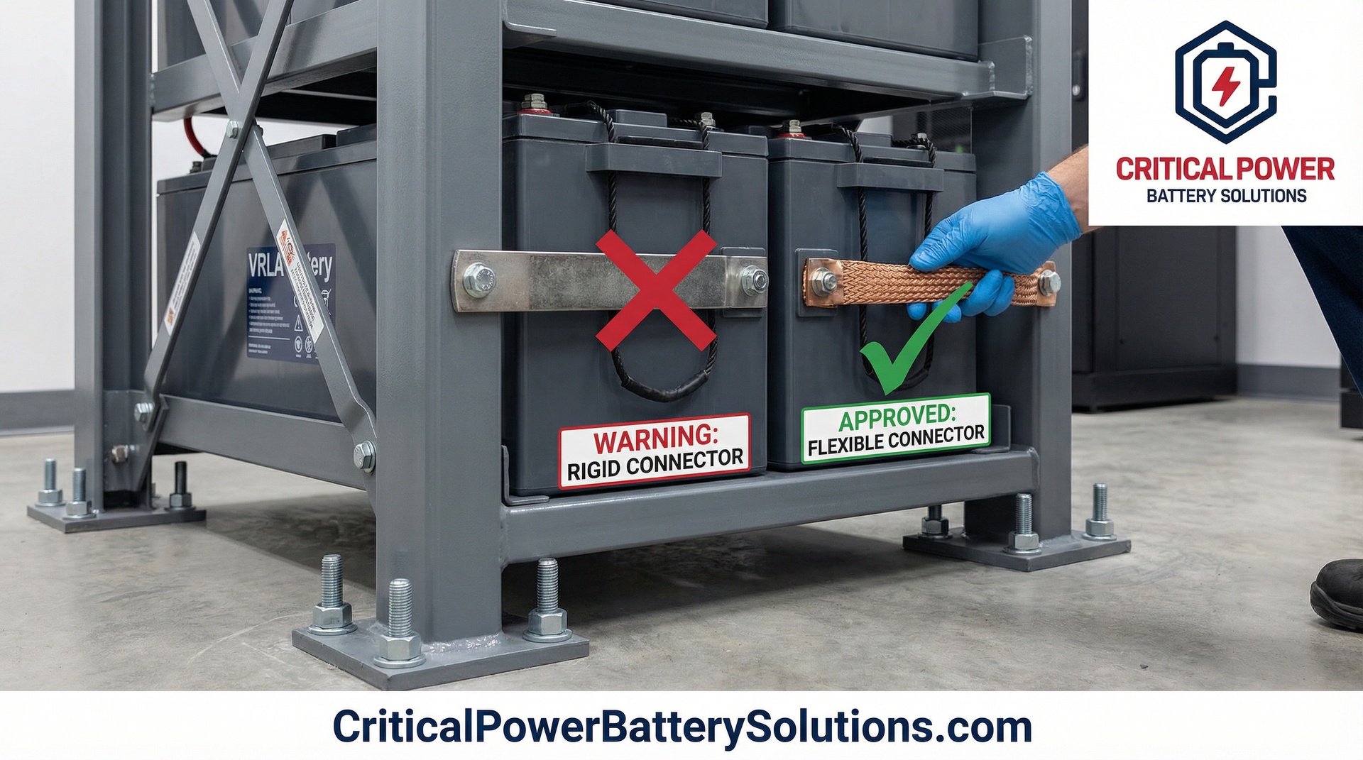 Seismic battery rack with rigid cell bars and flexible main connectors for earthquake resilience.