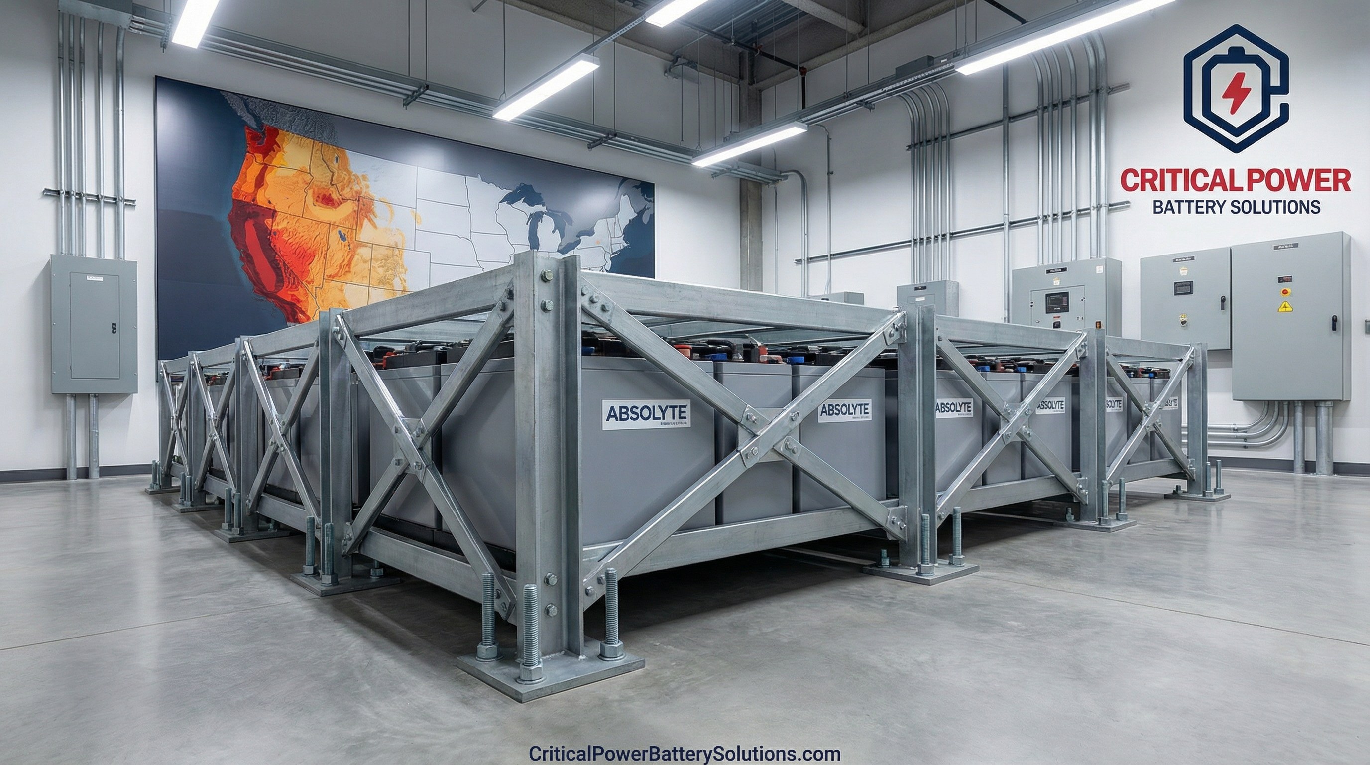 Absolyte AGP Seismic Zone 4 Battery Rack Installation West Coast Substation Absolyte AGP modular steel tray battery system with seismic bracing installed in a West Coast utility substation, US seismic zone map in background
