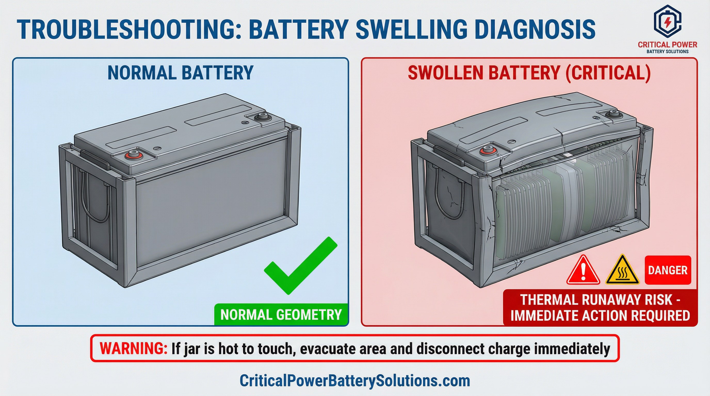 Troubleshooting battery swelling diagnosis comparing normal battery geometry with swollen battery thermal runaway risk