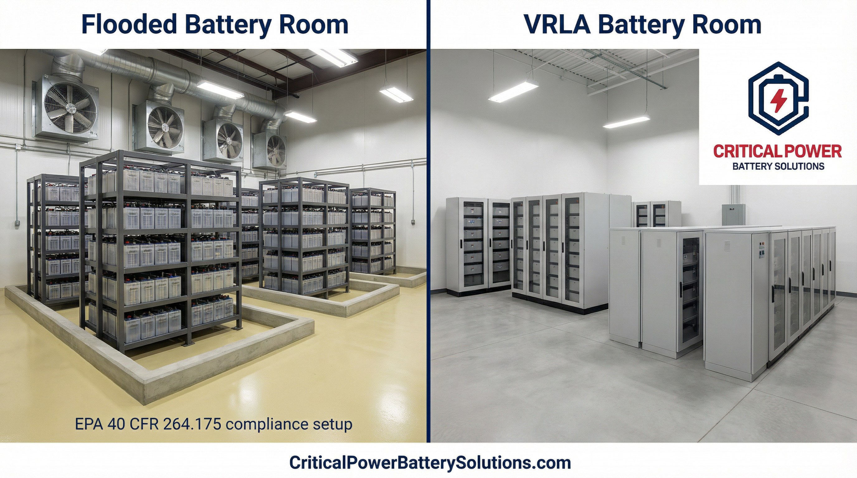 Flooded vs VRLA Battery Room Spill Containment EPA Comparison Split comparison of flooded battery room with EPA 40 CFR 264.175 spill containment berms versus clean VRLA battery installation with minimal containment