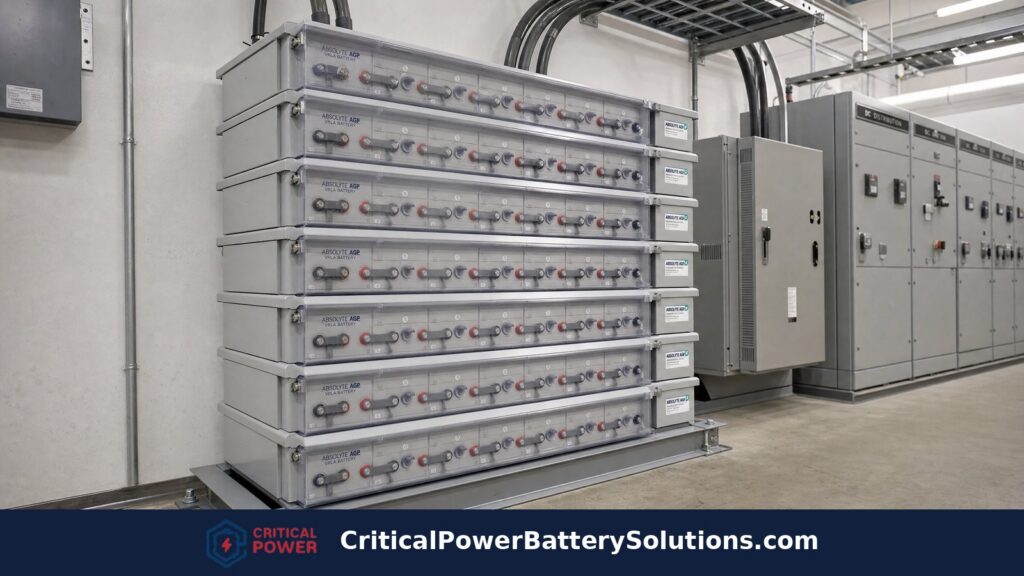 Stryten Absolyte AGP VRLA AGM modules in horizontal steel tray stacking configuration, gray sealed cells with clear acrylic covers and bolted copper straps, seismic rated for Zone 4