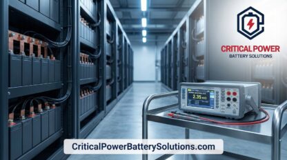 Digital testing tools perform battery internal resistance measurement in a secure telecom data center with industrial VRLA battery racks
