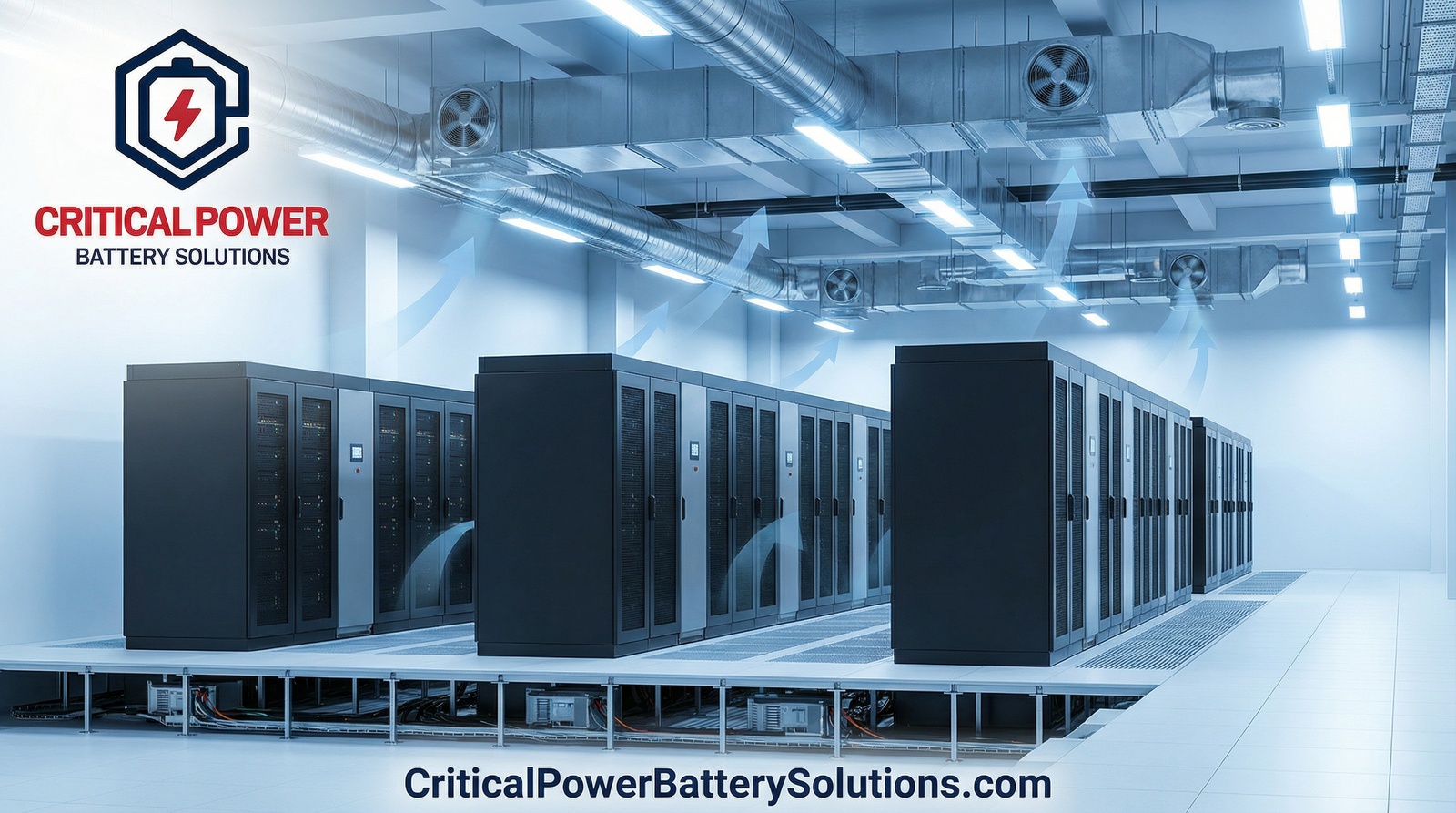 Modern data center battery room showing battery room ventilation calculation safety compliance with VRLA battery cabinets and ventilation ductwork