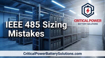 IEEE 485 battery sizing mistakes featured image showing VRLA battery racks in a telecommunications data center with Critical Power Battery Solutions branding