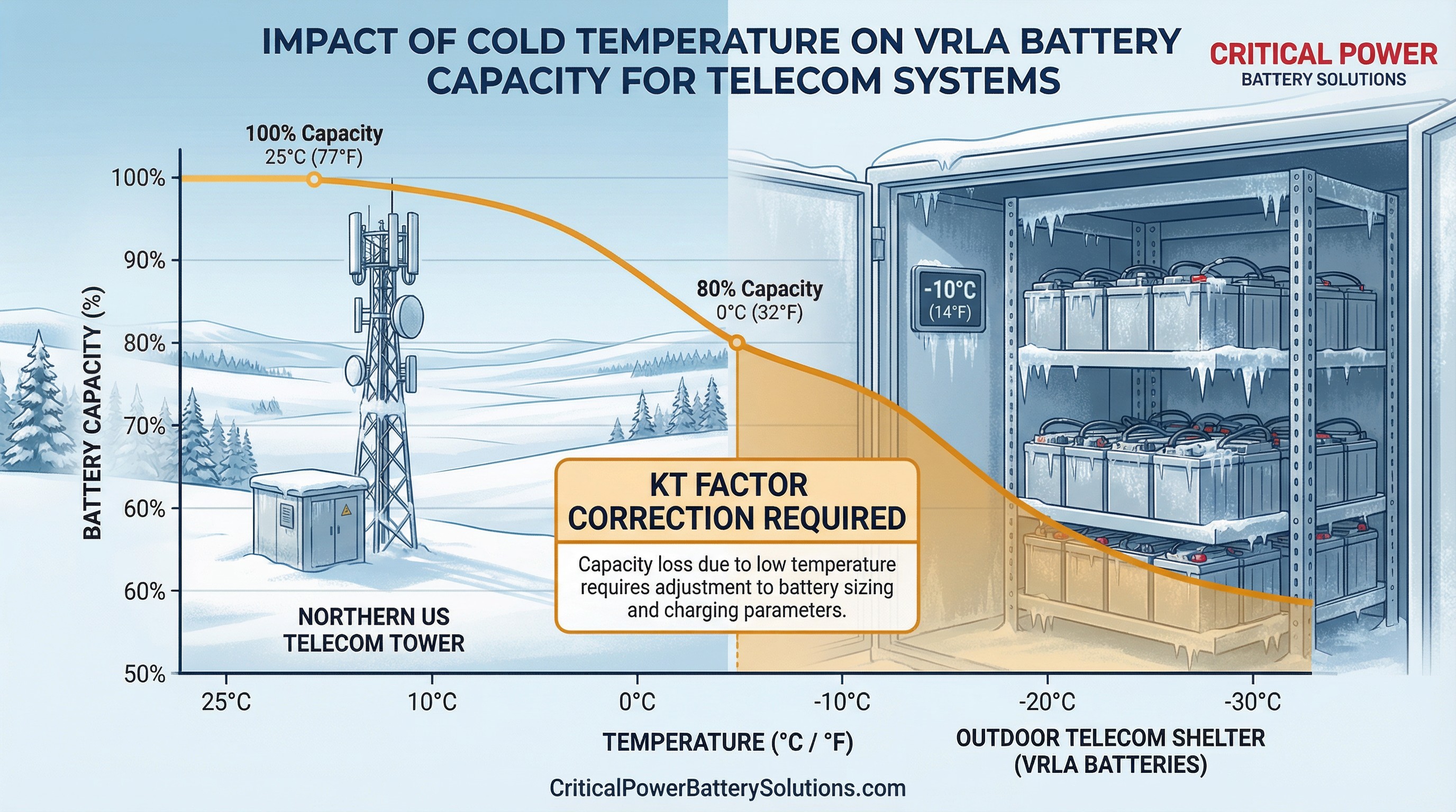 VRLA battery capacity loss chart showing temperature correction KT factor requirements for Northern US telecom cell tower deployments in cold climates