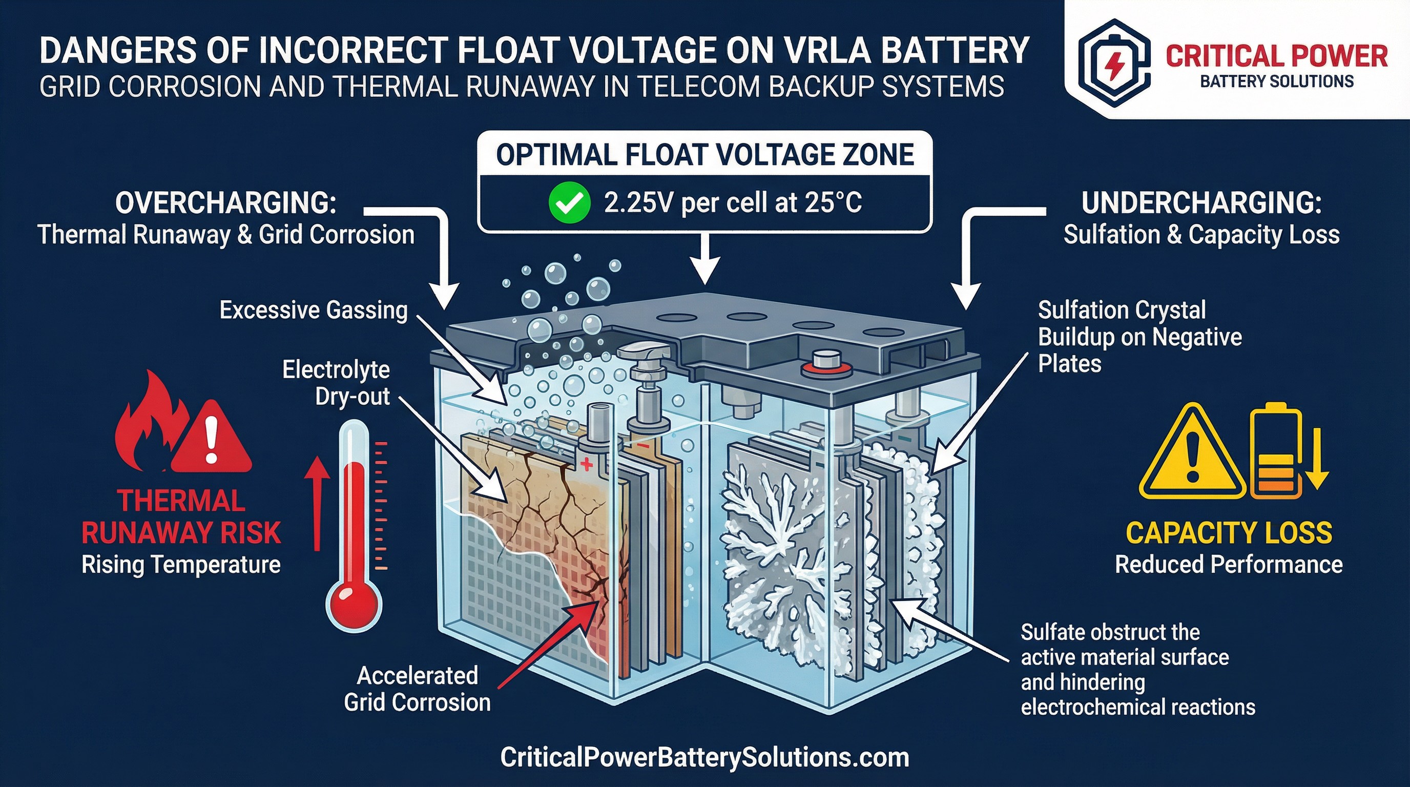 Technical diagram showing dangers of incorrect VRLA battery float voltage including overcharging thermal runaway risk and undercharging sulfation capacity loss