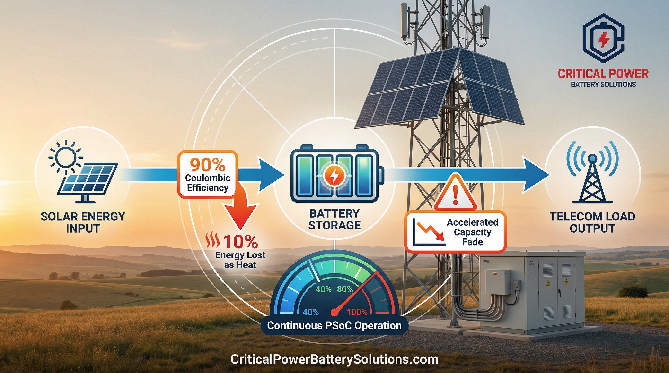 Solar hybrid telecom battery system infographic showing 90 percent coulombic efficiency losses and continuous partial state of charge PSoC operation cycle