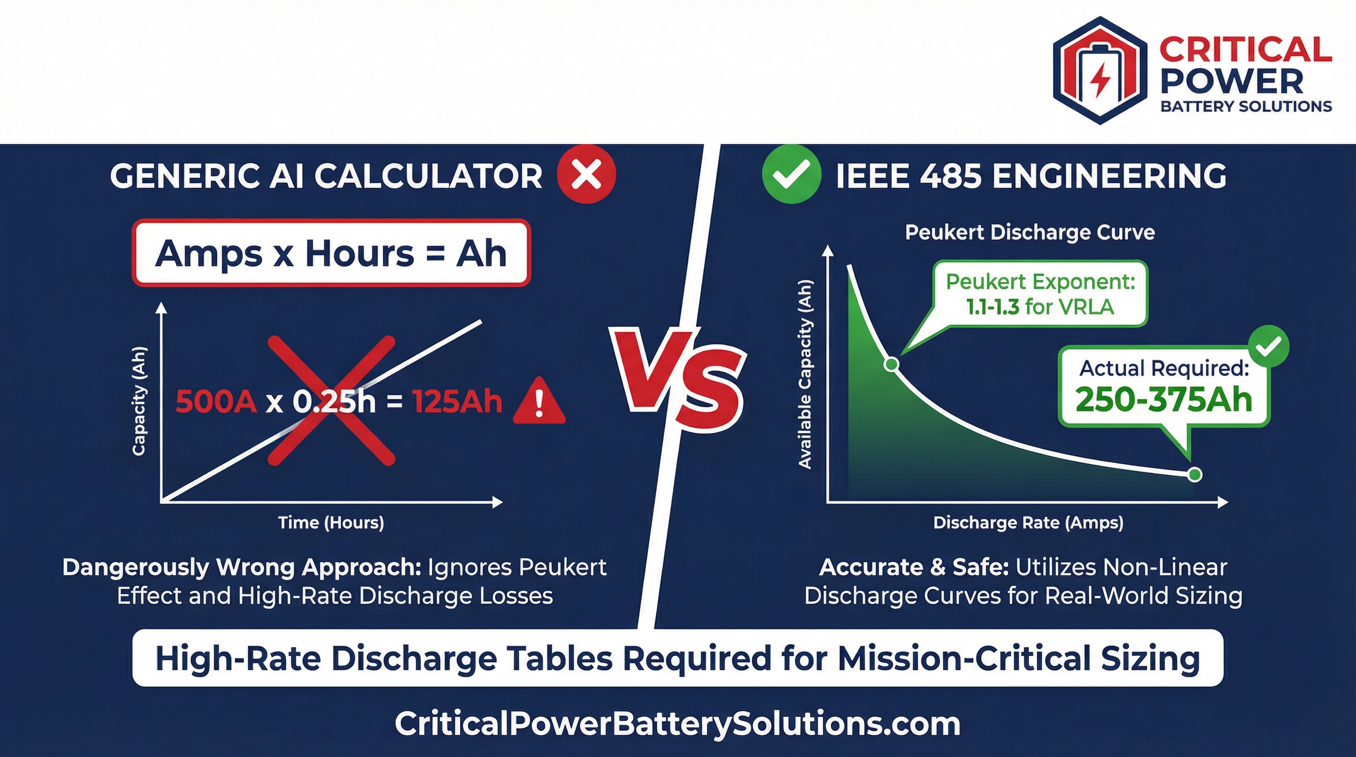 Peukert effect comparison infographic showing generic AI calculator linear formula failure versus IEEE 485 engineering non-linear discharge curve for VRLA battery sizing