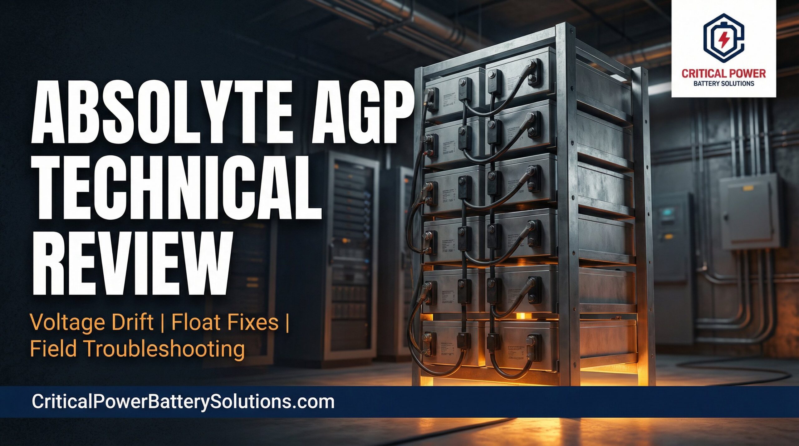 Modular Stryten Energy Absolyte AGP battery stack in a critical power telecom shelter with voltage monitoring equipment.