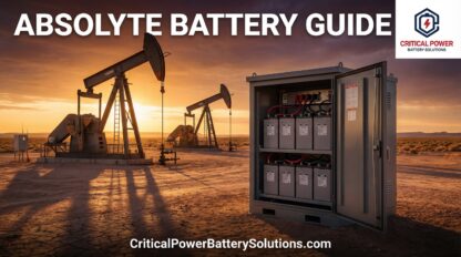 Rugged oilfield wellsite enclosure featuring Stryten Absolyte battery power system at golden hour sunset in West Texas.
