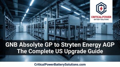 Dramatic telecom battery room showing legacy GNB Absolyte GP being upgraded to modern Stryten Energy AGP VRLA systems