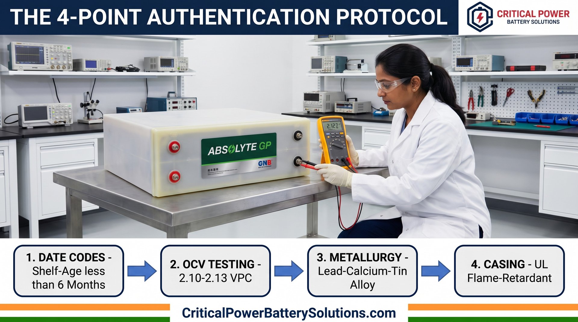 Infographic detailing the 4-point authentication protocol for Stryten Absolyte batteries, featuring an Indian engineer in a laboratory.