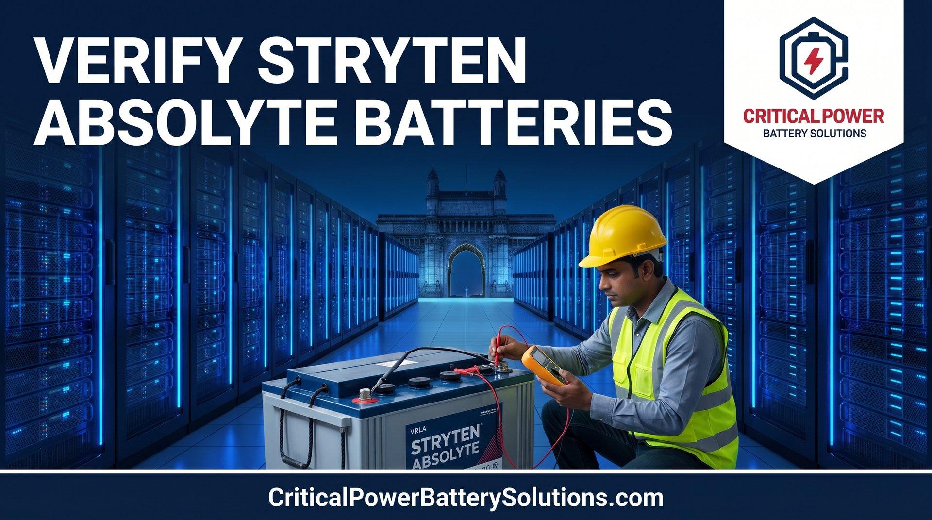 Engineer testing a Stryten Absolyte VRLA battery in an Indian data center with the Gateway of India in the background.