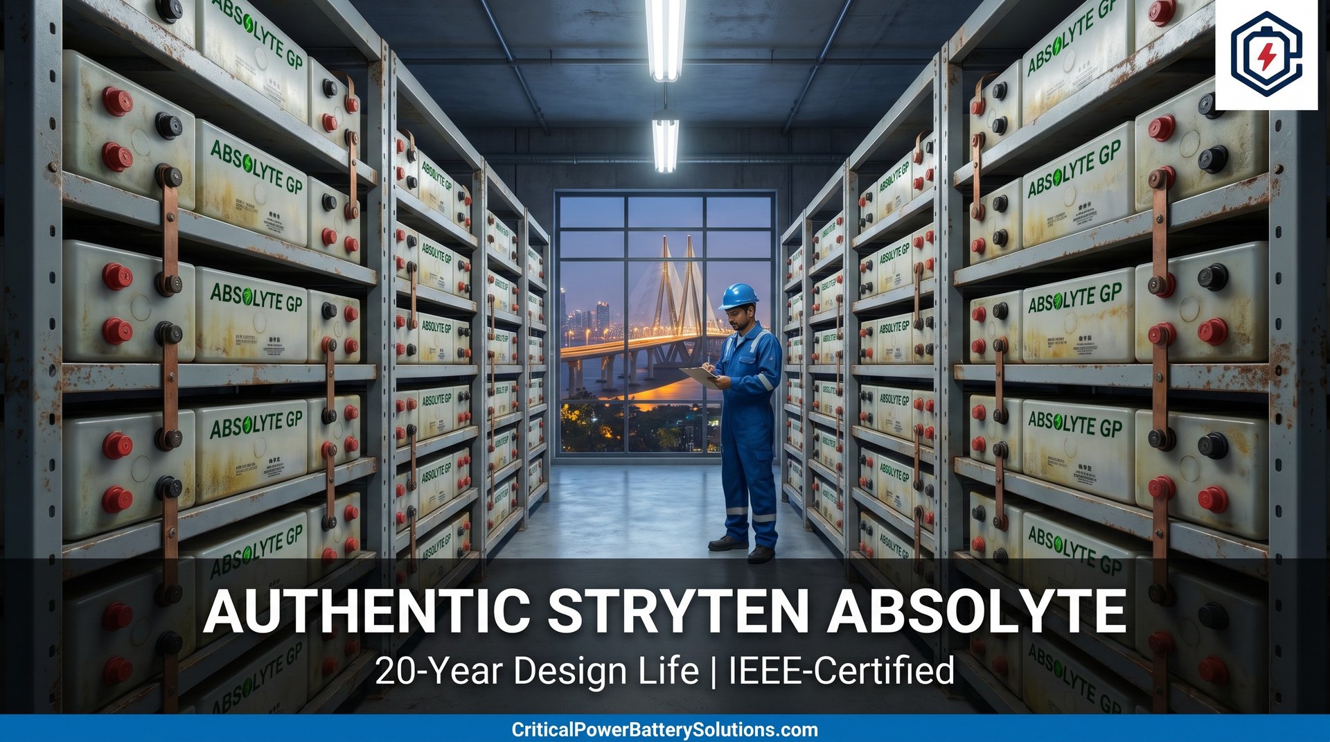 Technician monitoring a large installation of Stryten Absolyte VRLA batteries in a Mumbai data center.