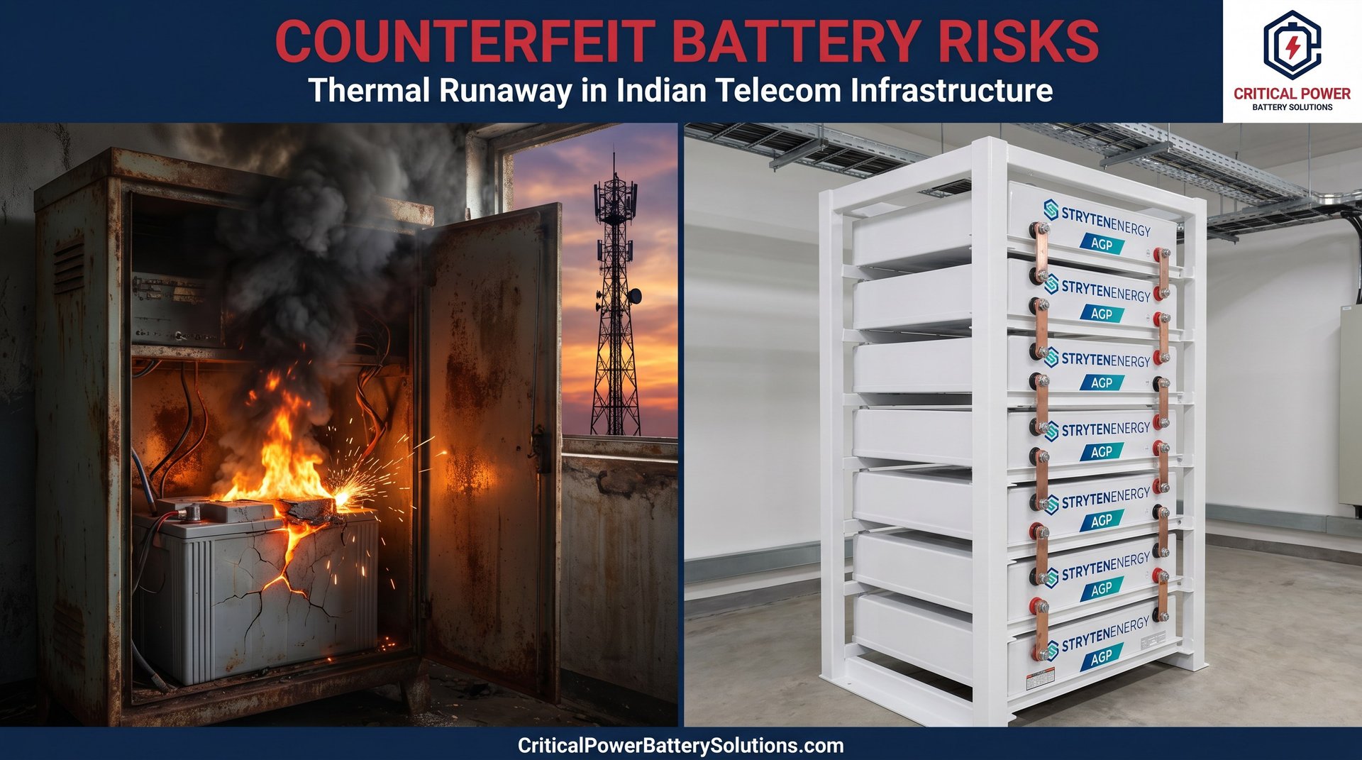 Split view showing a failing counterfeit VRLA battery experiencing thermal runaway versus a pristine Stryten Absolyte battery in an Indian telecom tower.